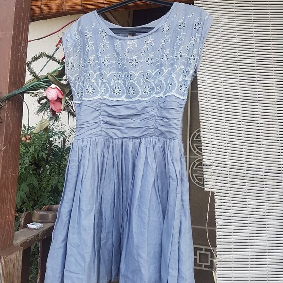 Free People Greyish Blue Embroidered Dress Size 6 - Picture 4 of 7